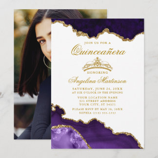 Quinceanera Lila Gold Marmor Crown Foto Einladung
