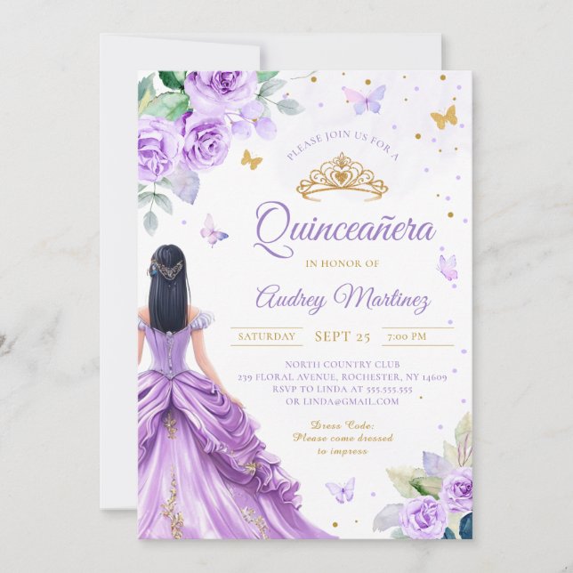 Quinceanera Lila Gold Rose Butterfly Princess Einladung (Vorderseite)