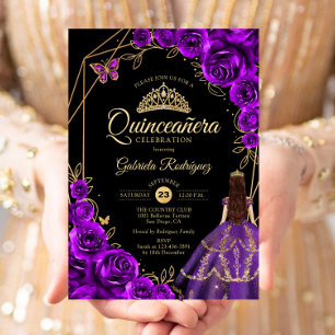 Quinceanera Lila Gold Schmetterling Kleid Floral Einladung