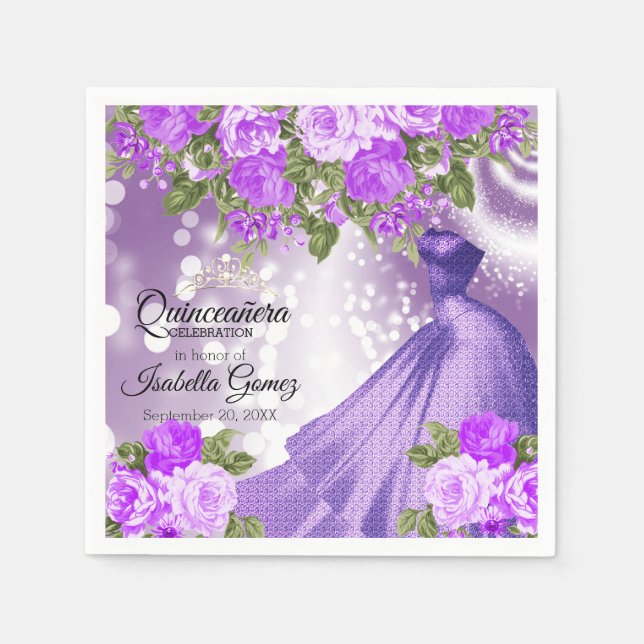 Quinceañera Lila Gourmet und Blume Serviette (Vorderseite)