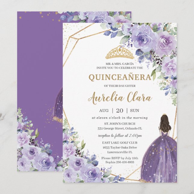 Quinceañera Lila Lavendel Floral Gold Prinzessin Einladung (Vorne/Hinten)