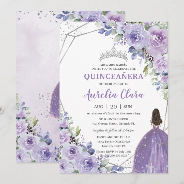 Quinceañera Lila Lavender Floral Silver Princess Einladung (Vorne/Hinten)