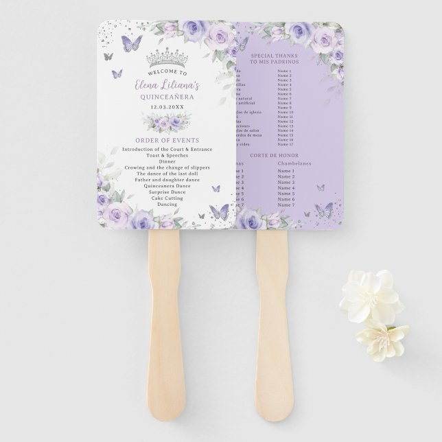 Quinceañera Lila Lavender Floral Silver Programm Fächer (Vorne und Hinten)