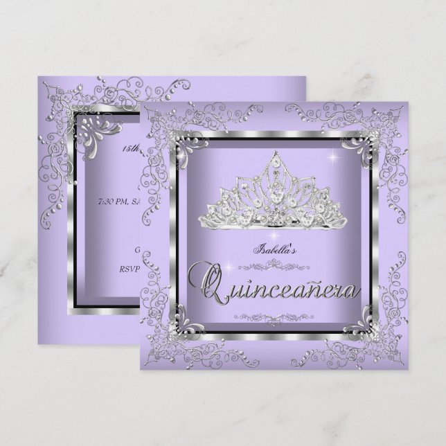 Quinceanera Lila Lavender Silver Diamond Tiara 3 Einladung (Vorne/Hinten)