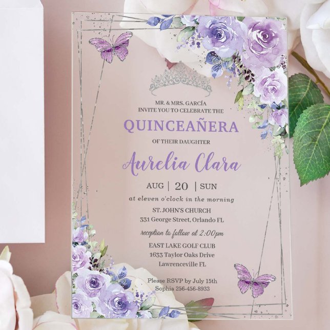 Quinceañera Lila Lilac Floral Butterfliegen Silver Acryleinladungen (Von Creator hochgeladen)