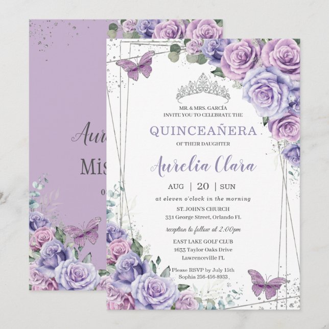 Quinceañera Lila Lilac Floral Butterfliegen Silver Einladung (Vorne/Hinten)