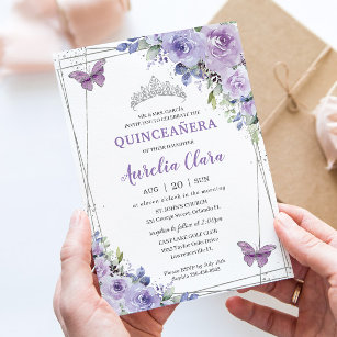 Quinceañera Lila Lilac Floral Butterfliegen Silver Einladung