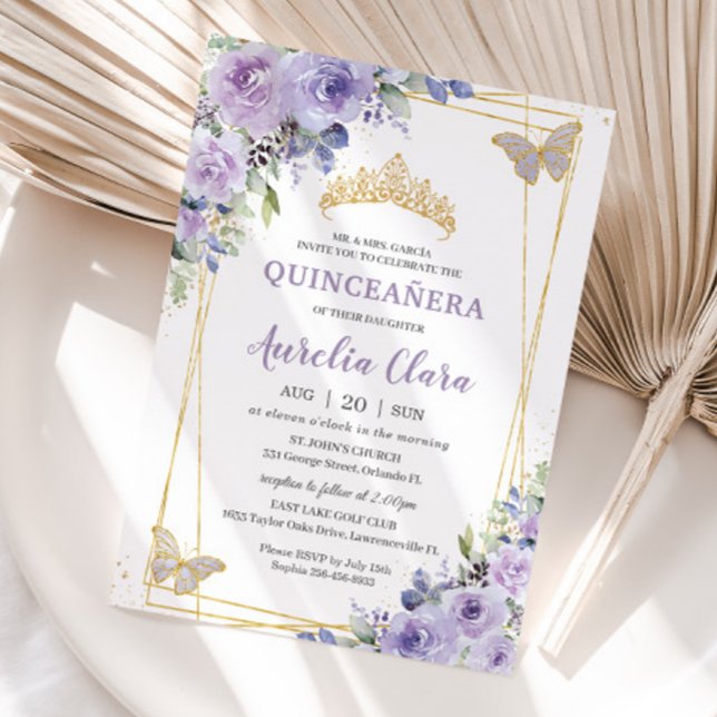 Quinceañera Lila Lilac Floral Butterflies Tiara Einladung (purple-lilac-lavender-floral-butterflies-silver-quinceanera-birthday-sweet-sixteen-invitation-cards)