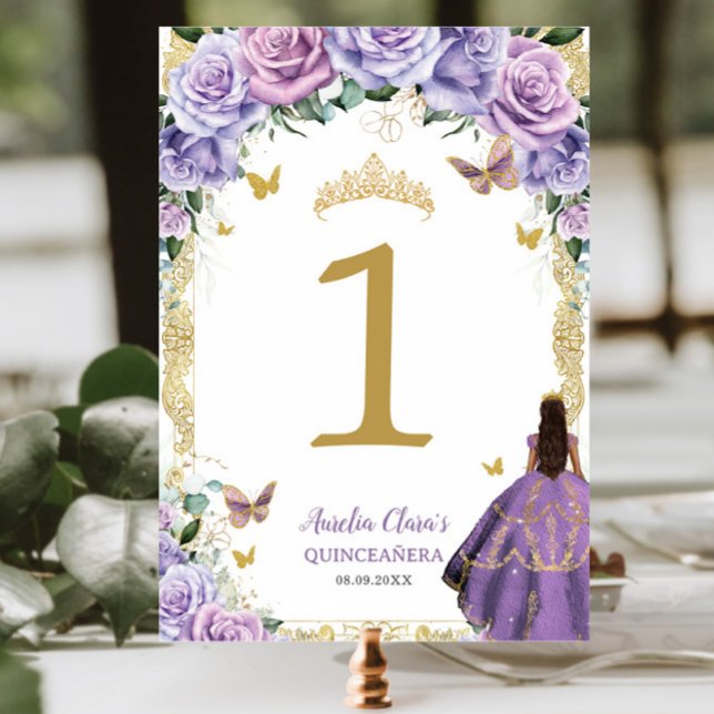 Quinceañera Lila Lilac Floral Gold Girl Dress Tischnummer (Von Creator hochgeladen)
