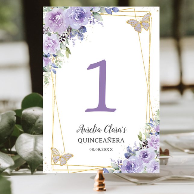 Quinceañera Lila Lilac Floral Gold Schmetterlinge Tischnummer (Von Creator hochgeladen)