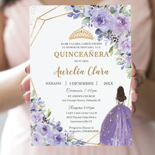 Quinceañera Lila Lilac Floral Princess Spanisch Einladung (Von Creator hochgeladen)