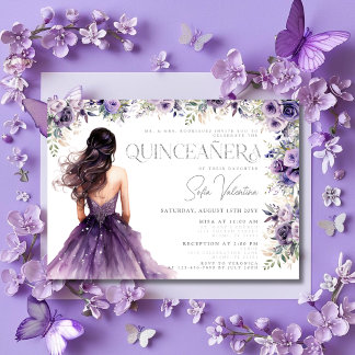 Quinceañera Lila Lilac Floral Silver Gown Einladung