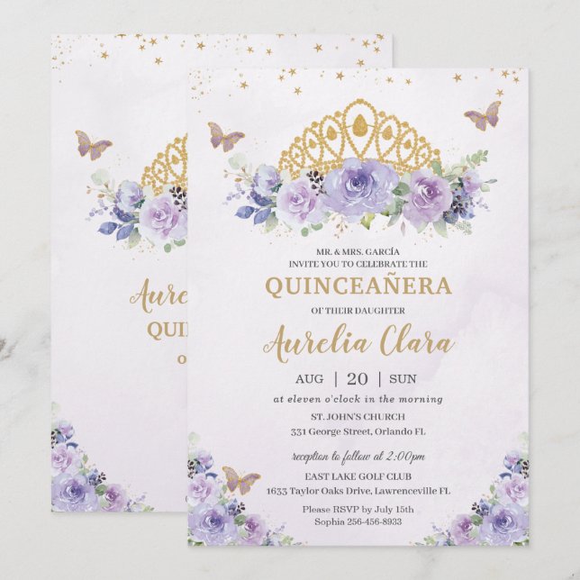 Quinceañera Lila Lilac Floral Tiara Butterfliegen Einladung (Vorne/Hinten)