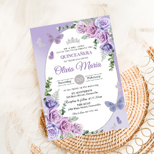 Quinceañera Lila Lilac Floral Tiara Butterfliegen Einladung