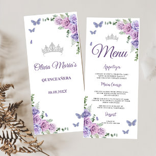 Quinceañera Lila Lilac Floral Tiara Butterfliegen Menükarte