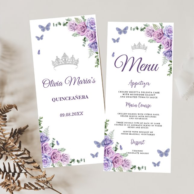Quinceañera Lila Lilac Floral Tiara Butterfliegen Menükarte (Von Creator hochgeladen)