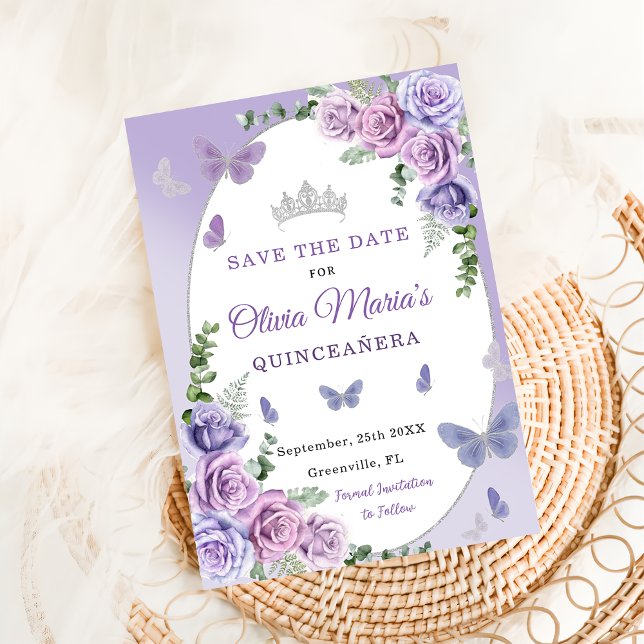 Quinceañera Lila Lilac Floral Tiara Butterfliegen Save The Date (Von Creator hochgeladen)