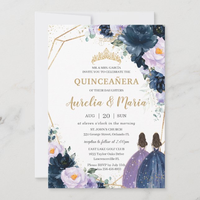 Quinceañera Lila Lilac Navy Blue Floral Twins Einladung (Vorderseite)