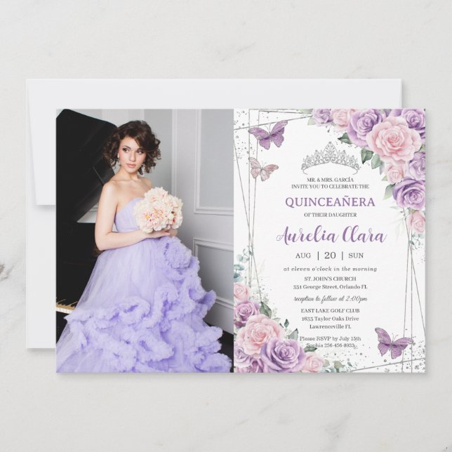 Quinceañera Lila Lilac Pink Flora Schmetterlinge Einladung (Vorderseite)