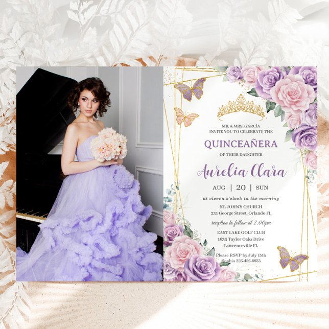 Quinceañera Lila Lilac Pink Flora Schmetterlinge Einladung (Von Creator hochgeladen)
