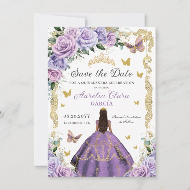 Quinceañera Lila Lilac Rose Floral Gold Prinzessin Save The Date (Vorderseite)