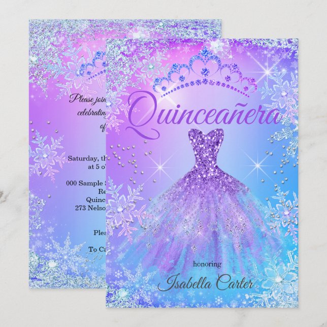 Quinceanera Lila Pink Blue Winter Wonderland 2 Einladung (Vorne/Hinten)