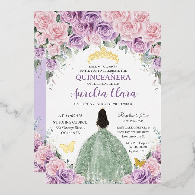 Quinceañera Lila Pink Floral Sage Grünes Kleid Folieneinladung (Vorderseite/Rückseite)