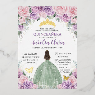 Quinceañera Lila Rosa Blumen- Salbei Grünes Kleid Folieneinladung