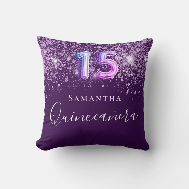 Quinceanera lila rosa Glitzer Staubmonogramm Kissen (Vorderseite)