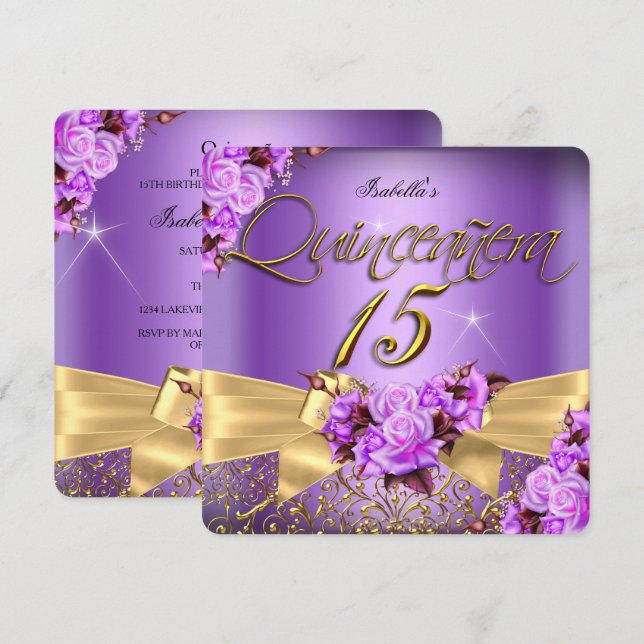 Quinceanera Lila Rosa Rose Birthday Gold Bogen Einladung (Vorne/Hinten)