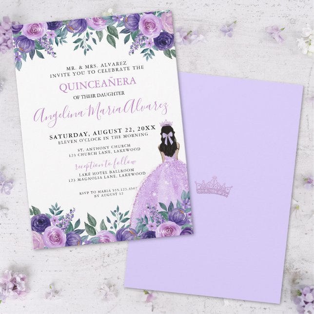 Quinceañera Lila Rose Blume Kronen Einladung (Quinceañera Purple Roses Flowers Crown Invitation)