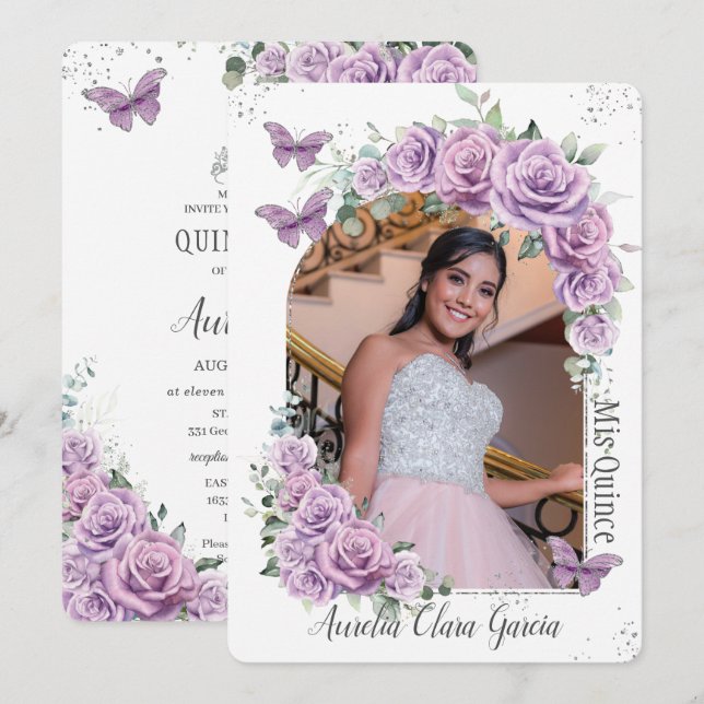 Quinceañera Lila Rose Blüten Schmetterlinge Foto Einladung (Vorne/Hinten)