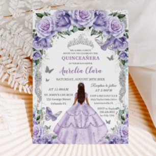 Quinceañera Lila Rose Floral Silver Princess Einladung