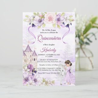 Quinceañera Lila Rose Floral Silver Princess Einladung
