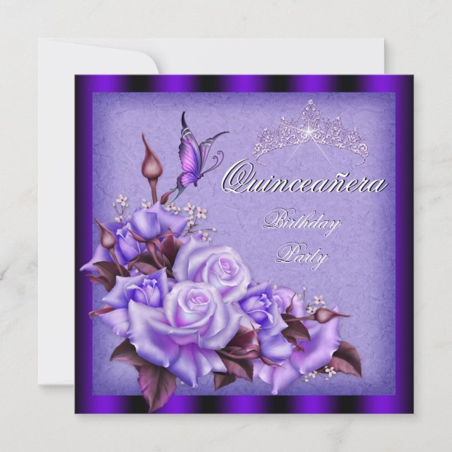 Quinceanera Lila Rose Schmetterling Flora Einladung (Vorderseite)