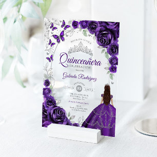 Quinceanera Lila Silber Blumen Acryleinladungen