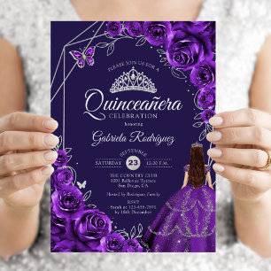 Quinceanera Lila Silbernes Kleid Floral Einladung