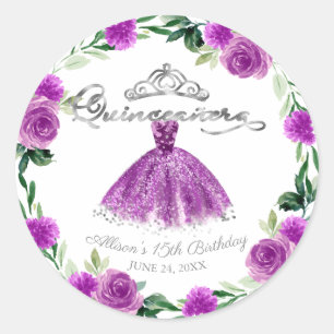 Quinceanera Lila Silver Gown Floral Runder Aufkleber
