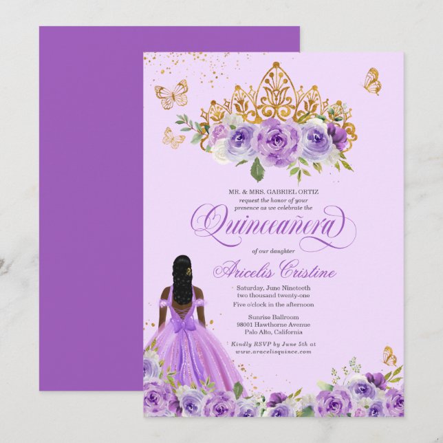 Quinceañera Lila Watercolor Rose Schmetterling Einladung (Vorne/Hinten)