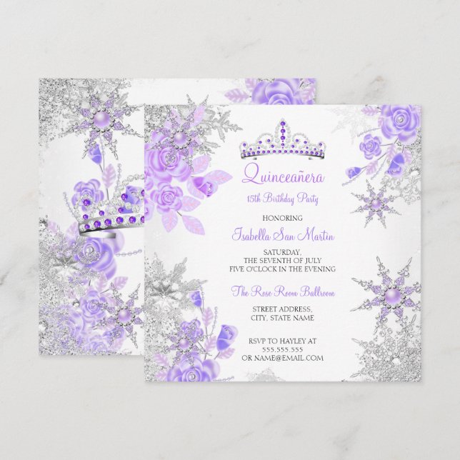 Quinceanera Lila Winter Wonderland Schneeflocke Einladung (Vorne/Hinten)