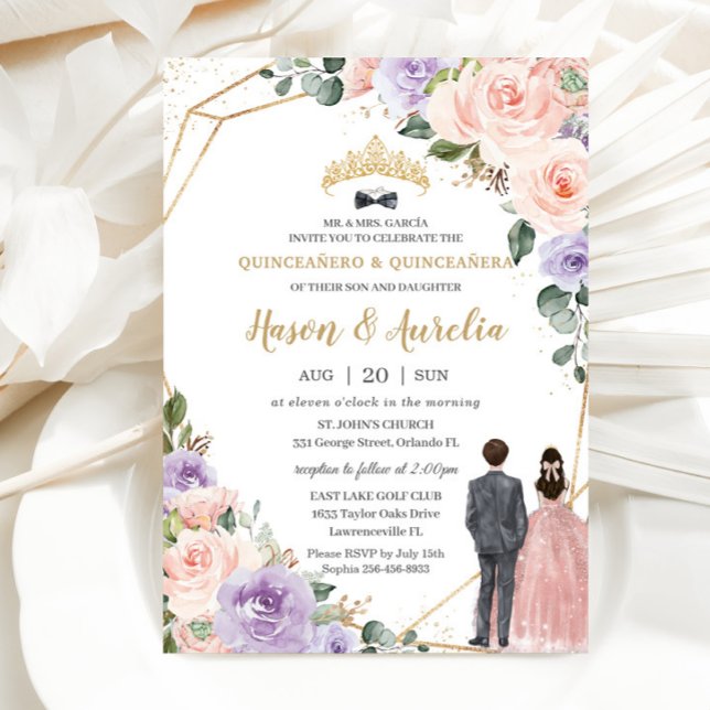 Quinceañera Lilac Blush Floral Twins Boy Girl Einladung (Von Creator hochgeladen)