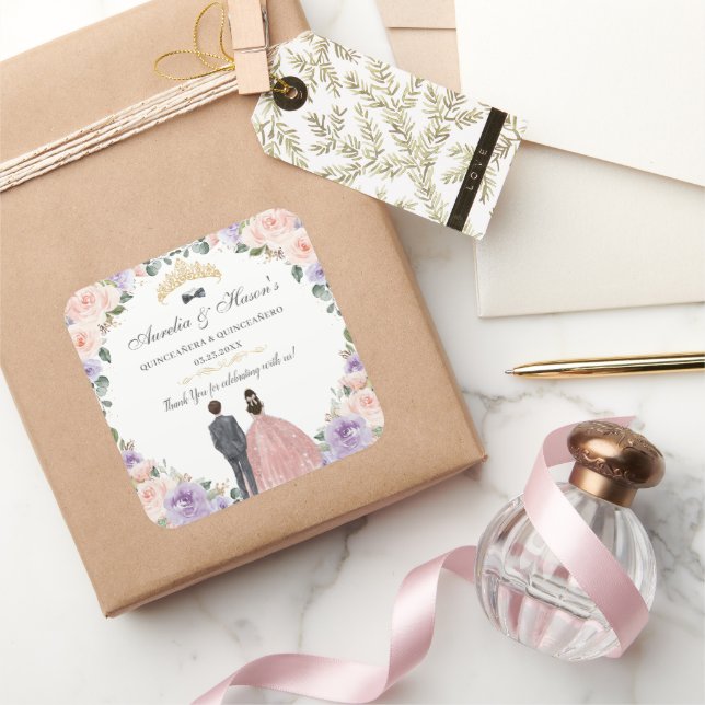 Quinceañera Lilac Blush Floral Twins Boy Girl Quadratischer Aufkleber (Schenken)