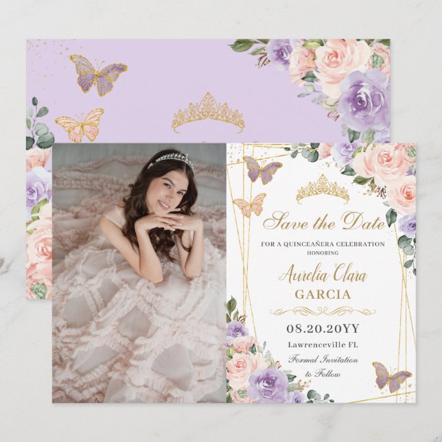 Quinceañera Lilac Blush Foto Save The Date (Vorne/Hinten)