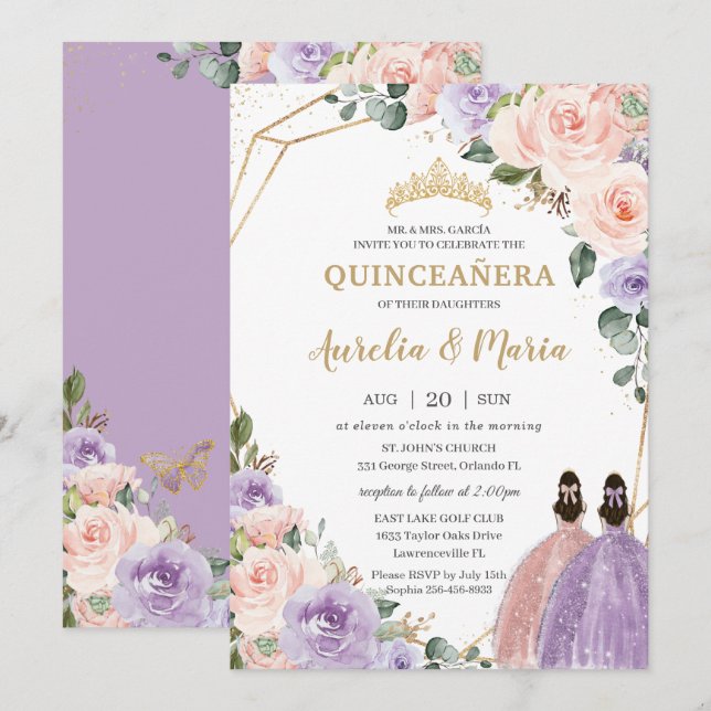 Quinceañera Lilac Blush Rose Gold Twins Einladung (Vorne/Hinten)