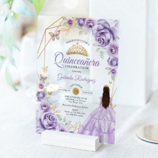 Quinceanera Lilac Lila Dress Floral Gold Acryleinladungen