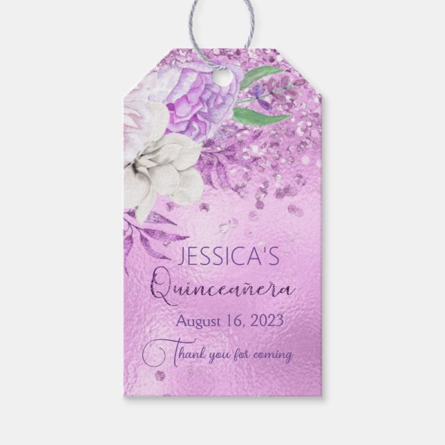 Quinceanera Lilac Lila Glitzer Blumengiftmarke Geschenkanhänger (Vorderseite)