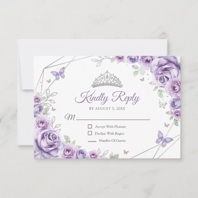 Quinceanera Lilac Lila Silberkleid Blumenbeweis RSVP Karte (Vorderseite)