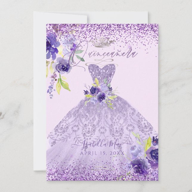 Quinceanera Lilac Lila Silver Glitzer Gown Invit Einladung (Vorderseite)