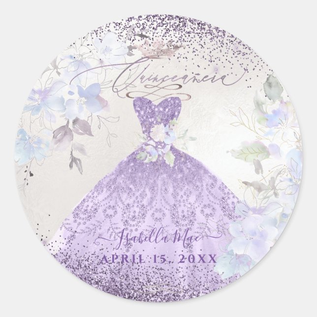 Quinceanera Lilac Lila Silver Glitzer Gown Runder Aufkleber (Vorderseite)