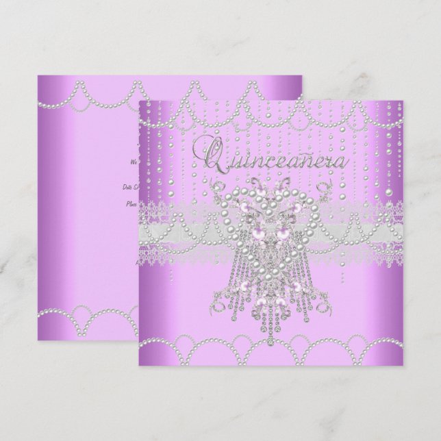 Quinceanera Lilac Pink Pearl Lace Diamond Einladung (Vorne/Hinten)